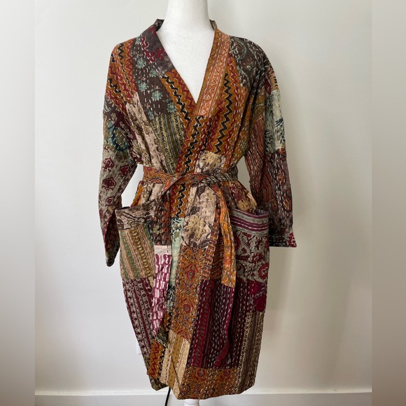 Handmade Kantha Cardigan Robe Patchwork Cotton Fall Autumn One Size Fits Most - Picture 1 of 8